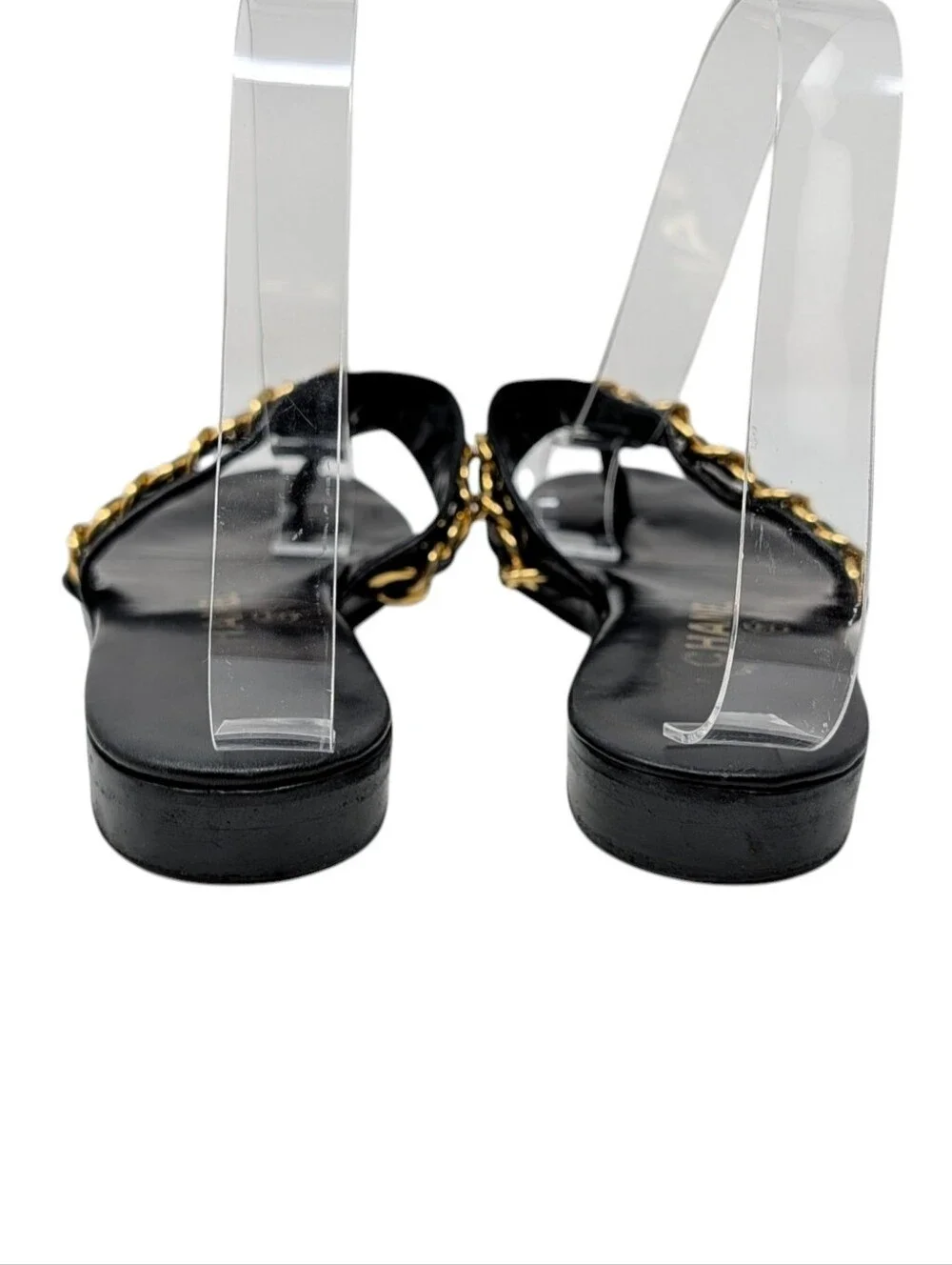 Chanel Black Leather Gold Turnlock Interlocking CC Chain Sandal Size EU 39